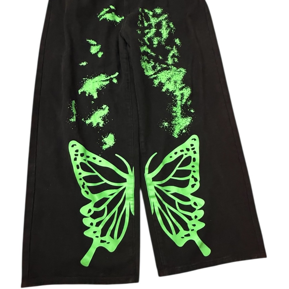 Black denim jeans with Green Butterfly Design - Picture 2 of 3